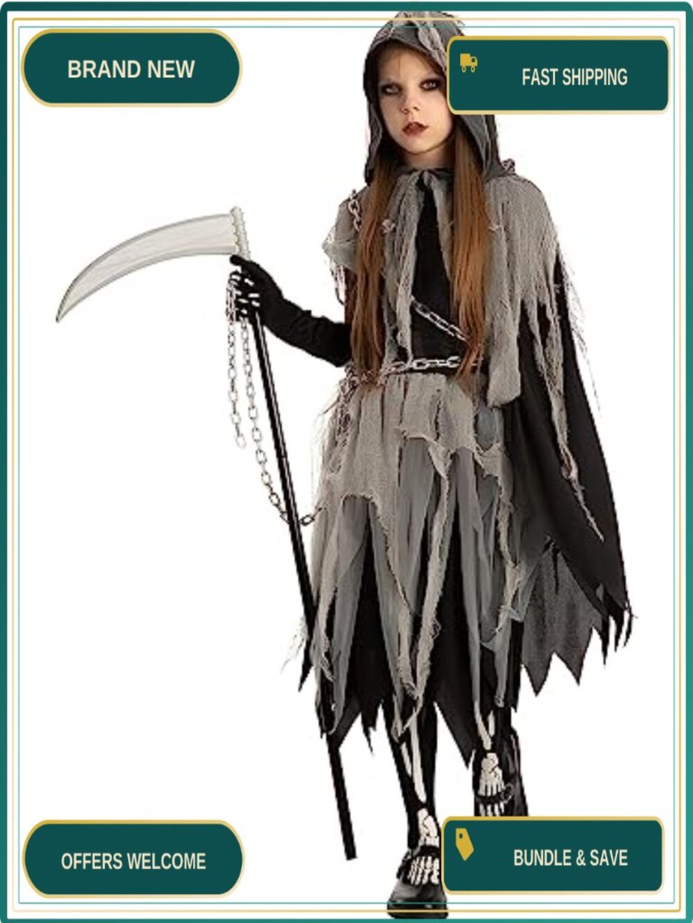 Girls Grim Reaper Halloween Costume Glow in the Dark Gloves Tights
